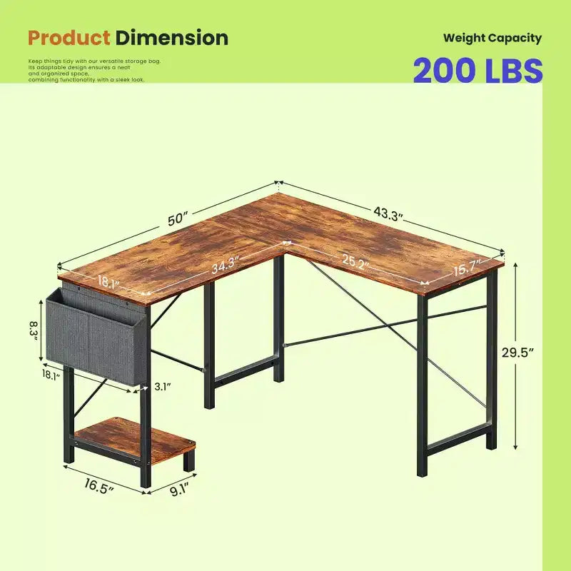 Bureau d'angle en forme de L de 49 pouces, bureau de gamer d'angle avec support d'UC et sac latéral pour bureau à domicile et dortoir