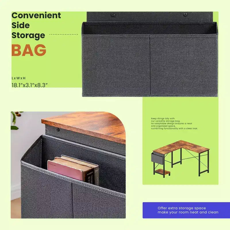 Bureau d'angle en forme de L de 49 pouces, bureau de gamer d'angle avec support d'UC et sac latéral pour bureau à domicile et dortoir