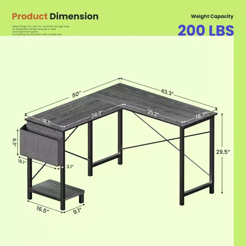 Bureau d'angle en forme de L de 49 pouces, bureau de gamer d'angle avec support d'UC et sac latéral pour bureau à domicile et dortoir