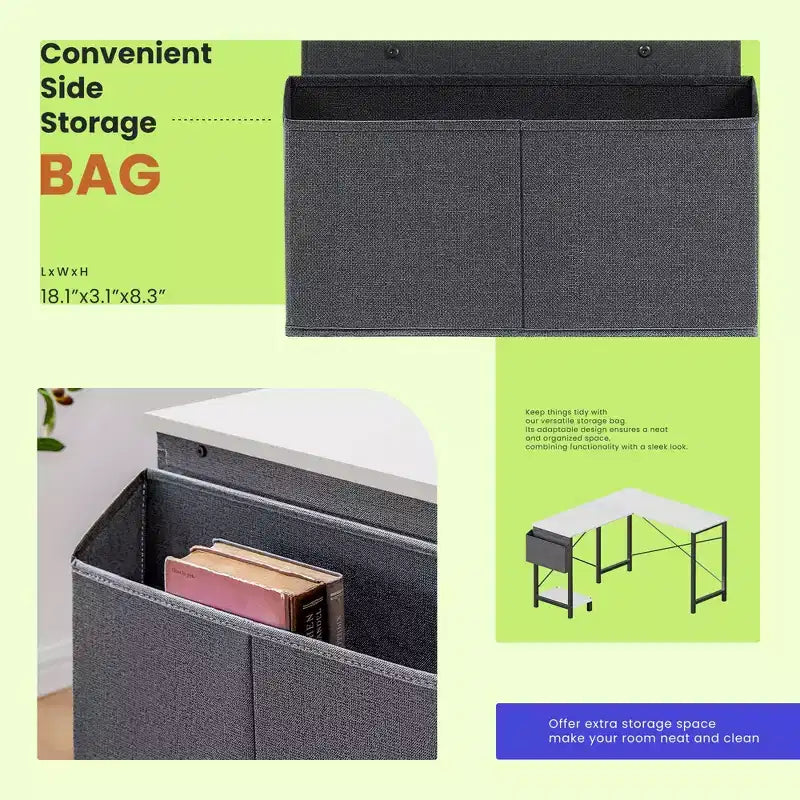 Bureau d'angle en forme de L de 49 pouces, bureau de gamer d'angle avec support d'UC et sac latéral pour bureau à domicile et dortoir