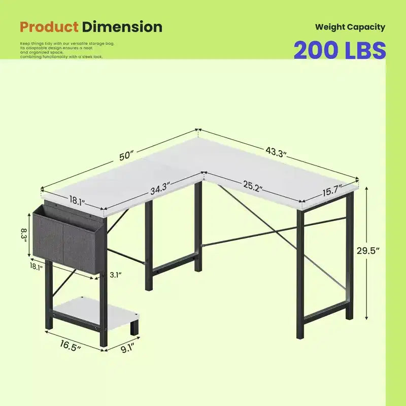 Bureau d'angle en forme de L de 49 pouces, bureau de gamer d'angle avec support d'UC et sac latéral pour bureau à domicile et dortoir