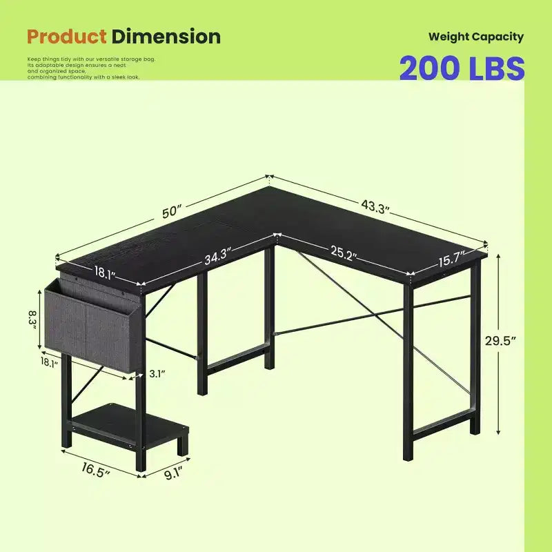 Bureau d'angle en forme de L de 49 pouces, bureau de gamer d'angle avec support d'UC et sac latéral pour bureau à domicile et dortoir
