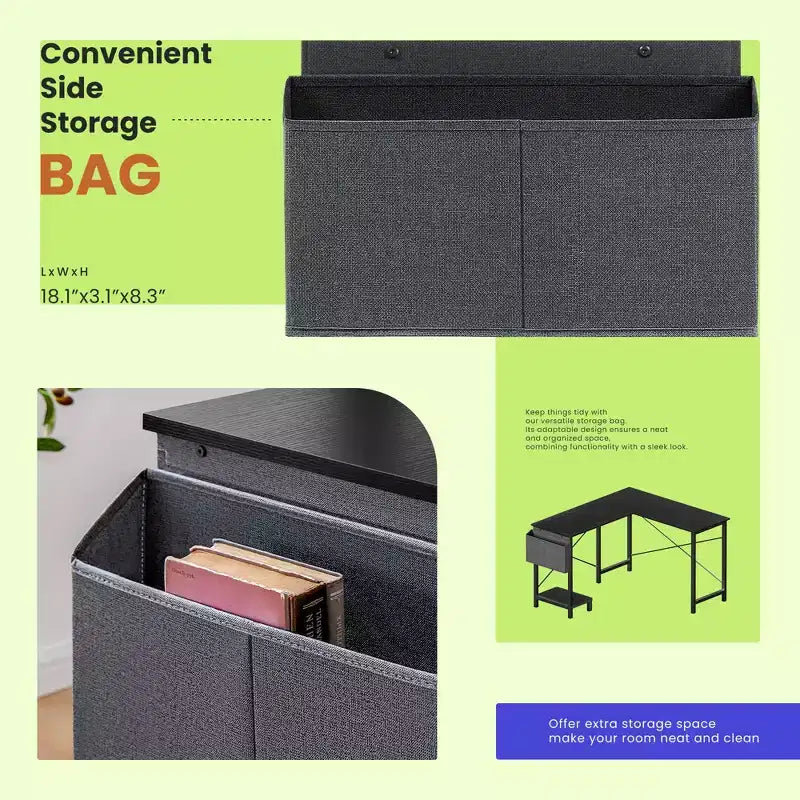 Bureau d'angle en forme de L de 49 pouces, bureau de gamer d'angle avec support d'UC et sac latéral pour bureau à domicile et dortoir