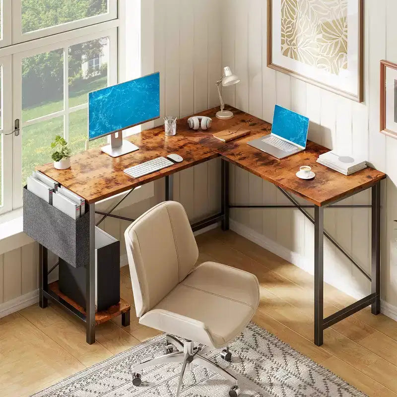 Bureau d'angle en forme de L de 49 pouces, bureau de gamer d'angle avec support d'UC et sac latéral pour bureau à domicile et dortoir
