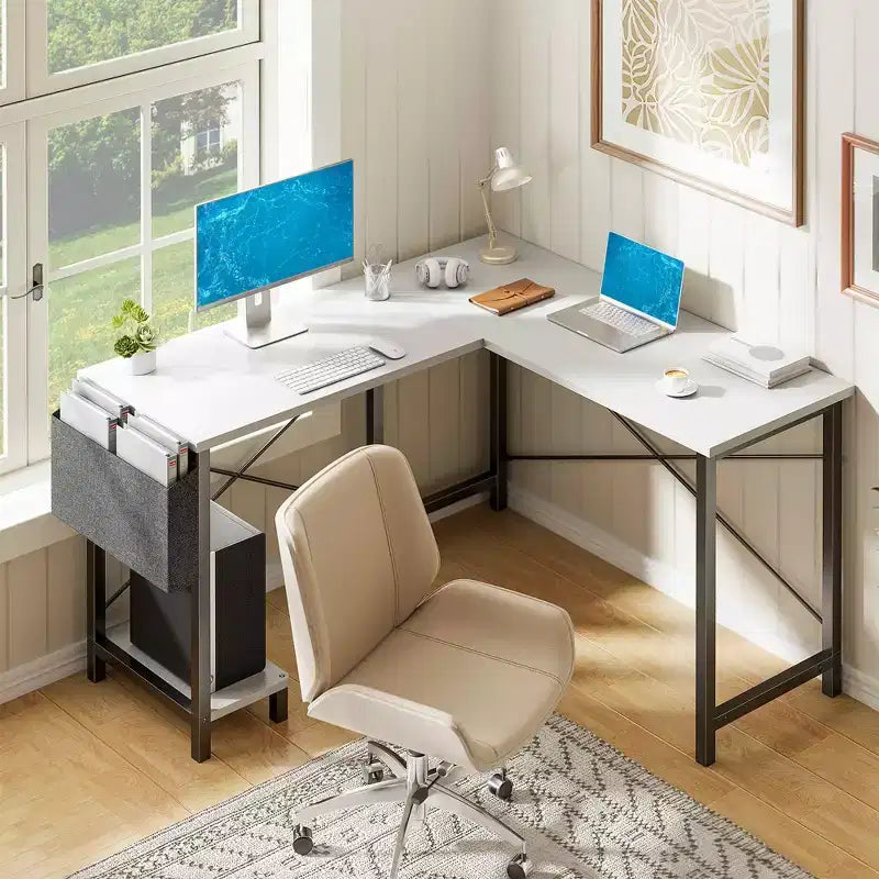 Bureau d'angle en forme de L de 49 pouces, bureau de gamer d'angle avec support d'UC et sac latéral pour bureau à domicile et dortoir