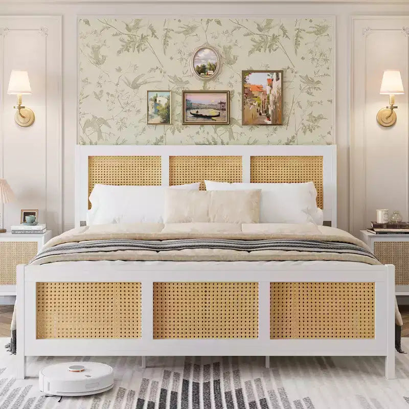 Modern Rattan Bed Frame  Full &amp; King Size Platform with Headboard, Bohemian Design, Metal Slats Support, Noise-Free, Underbed Storage