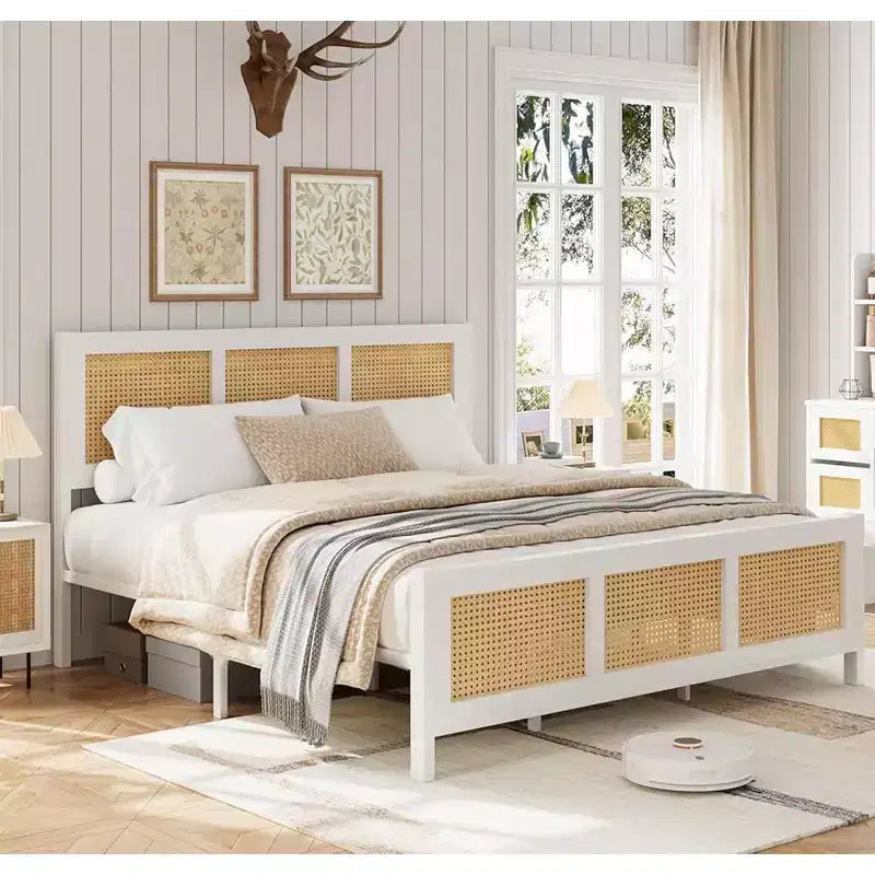 Cadre de lit moderne en rotin - Plateforme double et très grand lit avec tête de lit, design bohème, support à lattes métalliques, silencieux, rangement sous le le lit