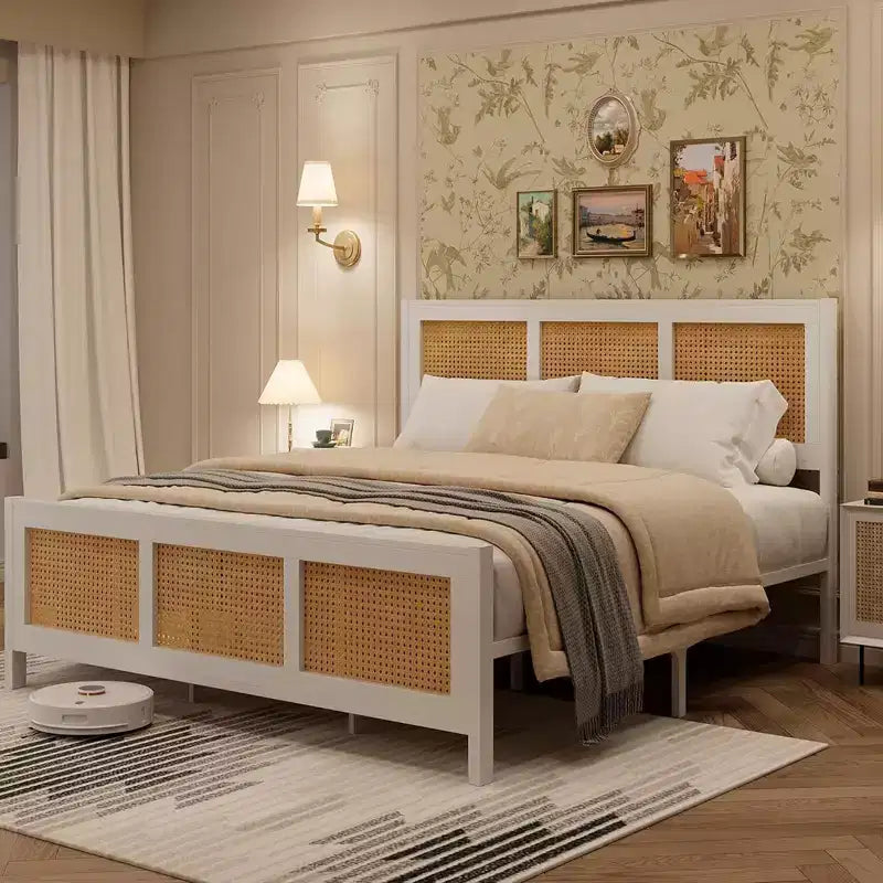 Cadre de lit moderne en rotin - Plateforme double et très grand lit avec tête de lit, design bohème, support à lattes métalliques, silencieux, rangement sous le le lit