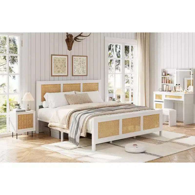 Cadre de lit moderne en rotin - Plateforme double et très grand lit avec tête de lit, design bohème, support à lattes métalliques, silencieux, rangement sous le le lit