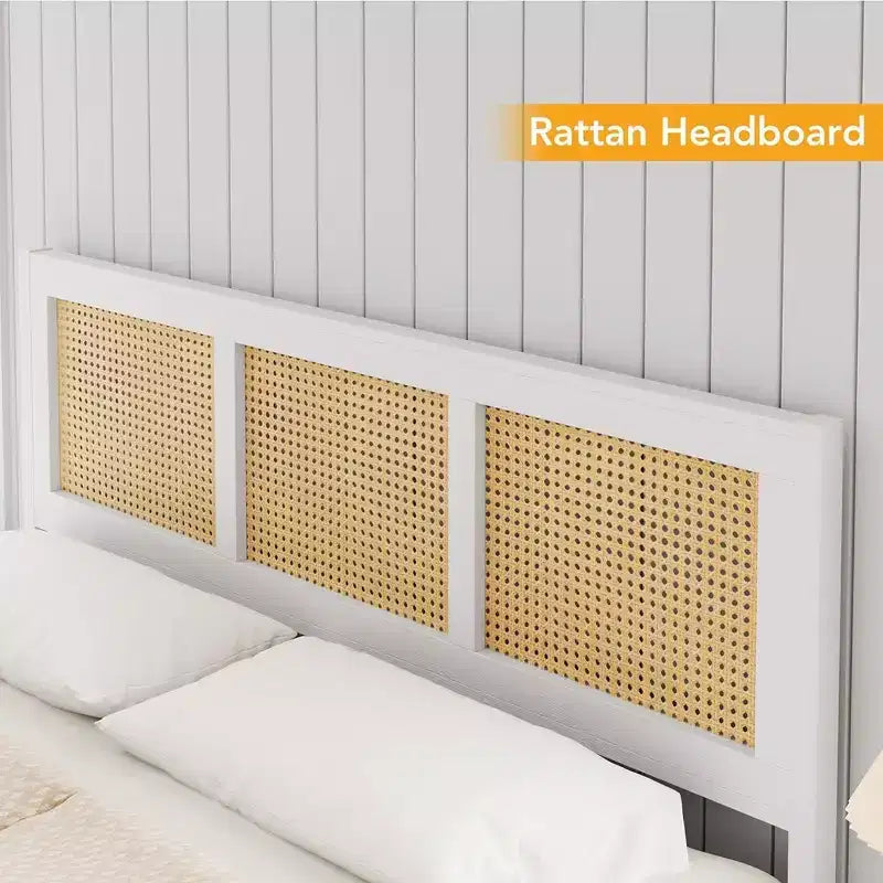 Cadre de lit moderne en rotin - Plateforme double et très grand lit avec tête de lit, design bohème, support à lattes métalliques, silencieux, rangement sous le le lit