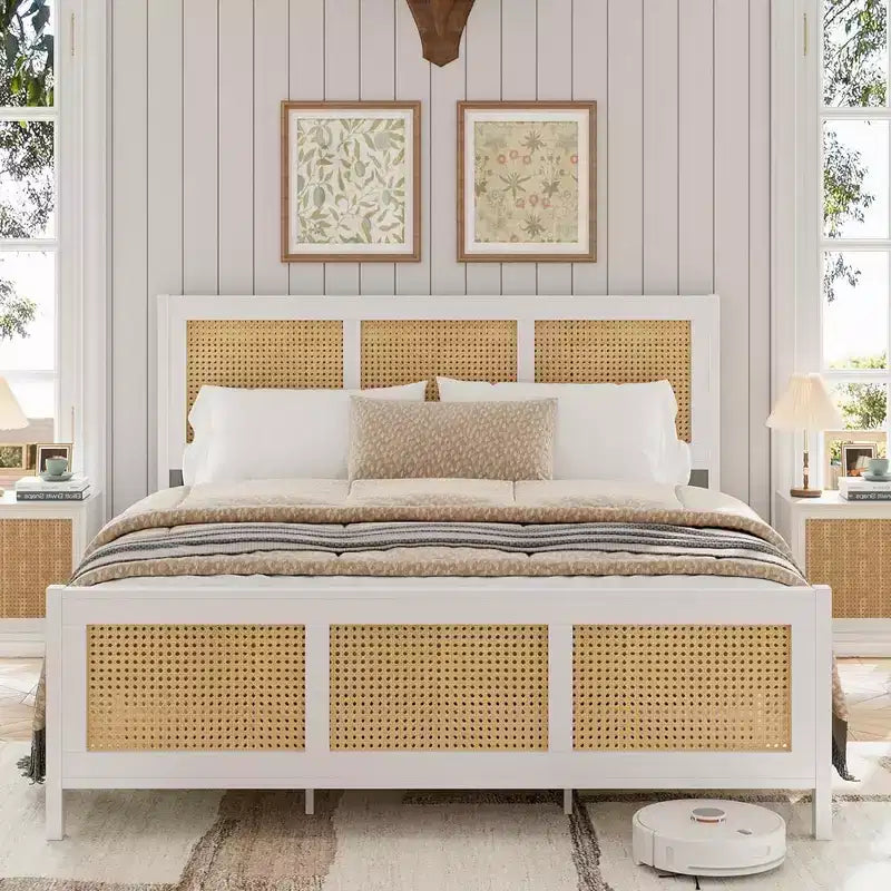 Cadre de lit moderne en rotin - Plateforme double et très grand lit avec tête de lit, design bohème, support à lattes métalliques, silencieux, rangement sous le le lit