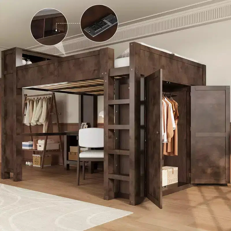 Queen Size Loft Bed with Wardrobe and Desk, Queen Solid Wood Loft Bed with Storage Shelves USB Charging Station