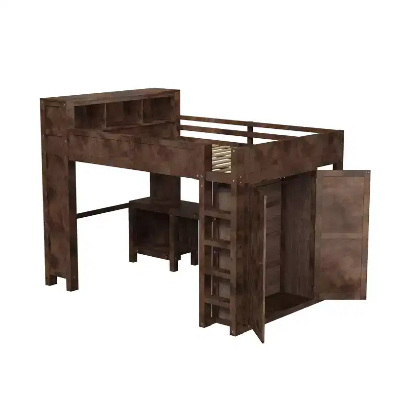Lit mezzanine Queen Size avec armoire et bureau, lit mezzanine Queen en bois massif avec étagères de rangement et station de charge USB
