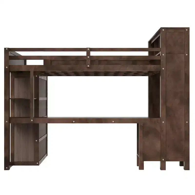 Lit mezzanine Queen Size avec armoire et bureau, lit mezzanine Queen en bois massif avec étagères de rangement et station de charge USB