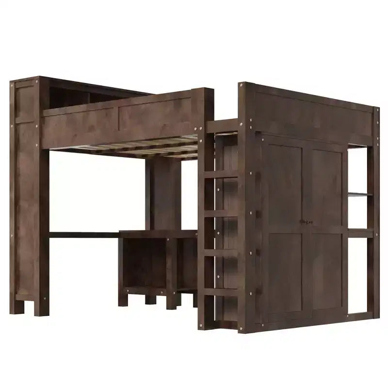 Lit mezzanine Queen Size avec armoire et bureau, lit mezzanine Queen en bois massif avec étagères de rangement et station de charge USB