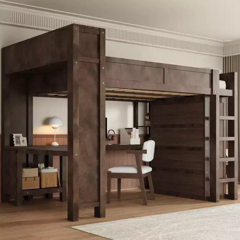 Lit mezzanine Queen Size avec armoire et bureau, lit mezzanine Queen en bois massif avec étagères de rangement et station de charge USB