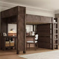 Lit mezzanine Queen Size avec armoire et bureau, lit mezzanine Queen en bois massif avec étagères de rangement et station de charge USB