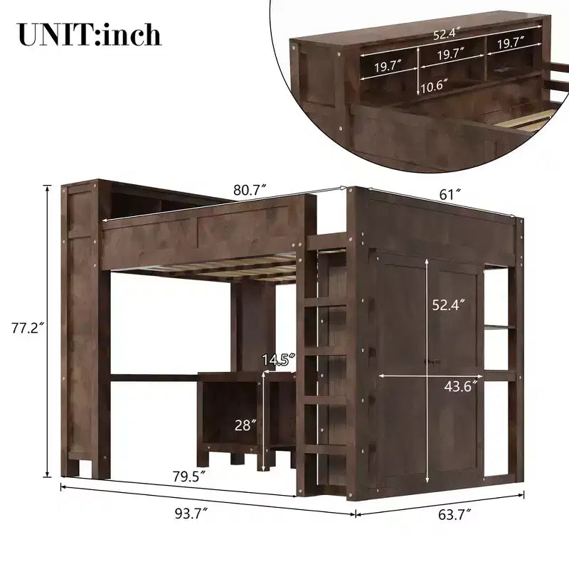 Lit mezzanine Queen Size avec armoire et bureau, lit mezzanine Queen en bois massif avec étagères de rangement et station de charge USB