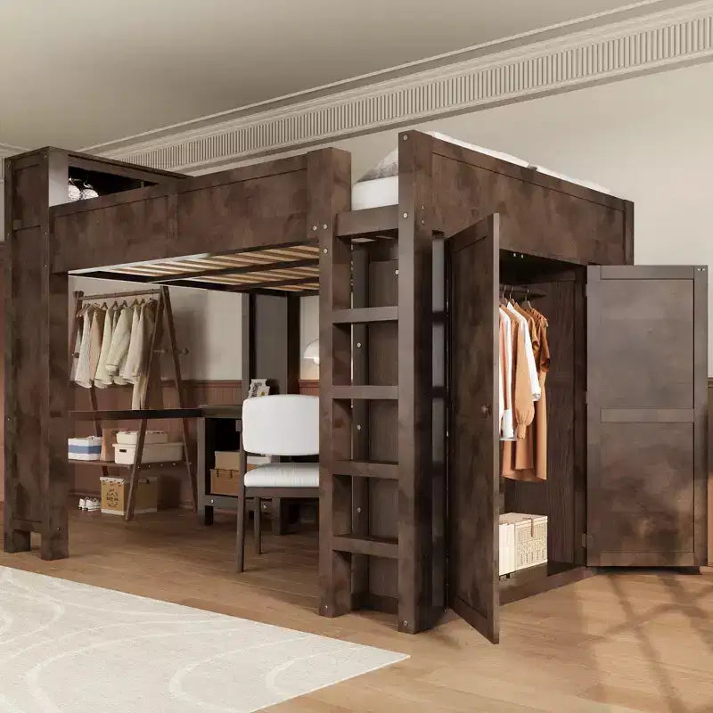 Lit mezzanine Queen Size avec armoire et bureau, lit mezzanine Queen en bois massif avec étagères de rangement et station de charge USB
