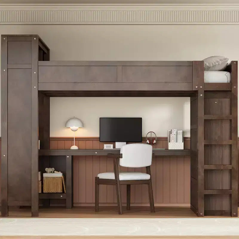 Lit mezzanine Queen Size avec armoire et bureau, lit mezzanine Queen en bois massif avec étagères de rangement et station de charge USB