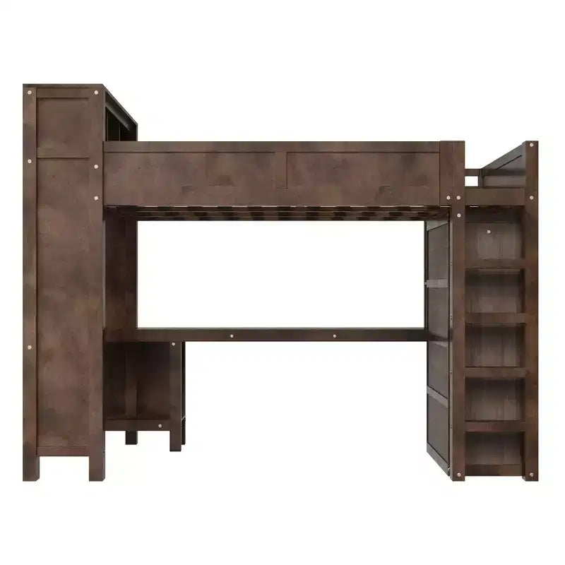 Lit mezzanine Queen Size avec armoire et bureau, lit mezzanine Queen en bois massif avec étagères de rangement et station de charge USB