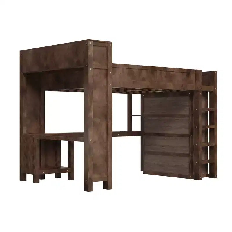Lit mezzanine Queen Size avec armoire et bureau, lit mezzanine Queen en bois massif avec étagères de rangement et station de charge USB