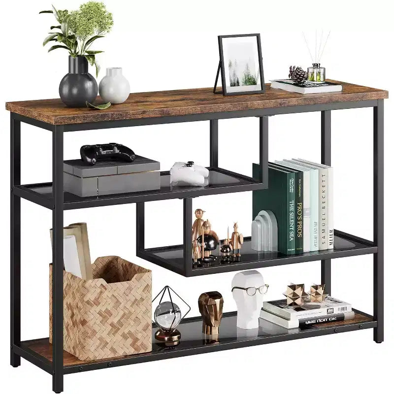 Rustic 4-Tier Side Table with Gray Glass Shelf, Narrow Console Table for Hallway, Bedroom, Living Room, or Entryway