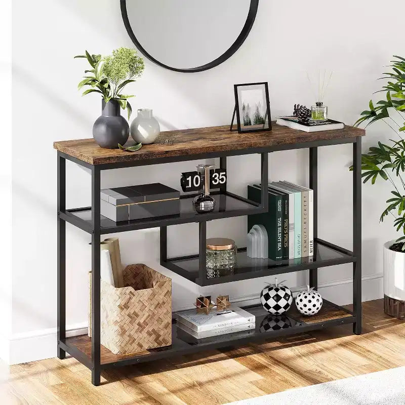 Table d'appoint rustique à 4 niveaux avec étagère en verre gris, console étroite pour couloir, chambre, salon ou entrée