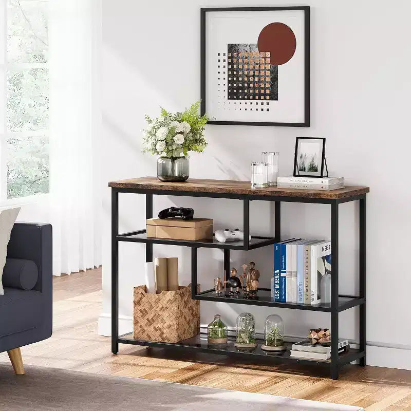 Table d'appoint rustique à 4 niveaux avec étagère en verre gris, console étroite pour couloir, chambre, salon ou entrée