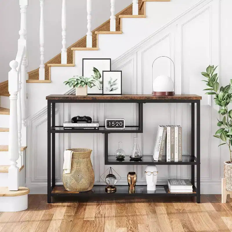 Table d'appoint rustique à 4 niveaux avec étagère en verre gris, console étroite pour couloir, chambre, salon ou entrée