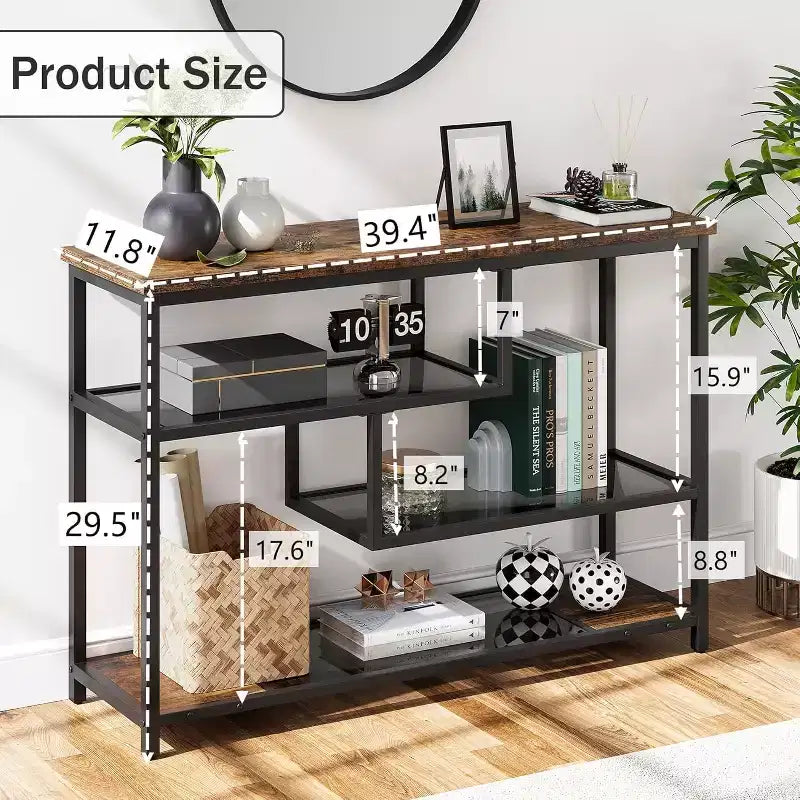 Table d'appoint rustique à 4 niveaux avec étagère en verre gris, console étroite pour couloir, chambre, salon ou entrée