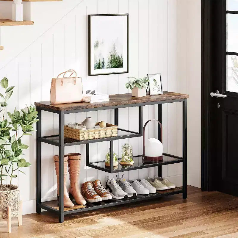 Table d'appoint rustique à 4 niveaux avec étagère en verre gris, console étroite pour couloir, chambre, salon ou entrée