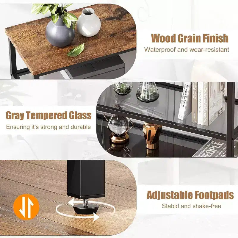 Table d'appoint rustique à 4 niveaux avec étagère en verre gris, console étroite pour couloir, chambre, salon ou entrée