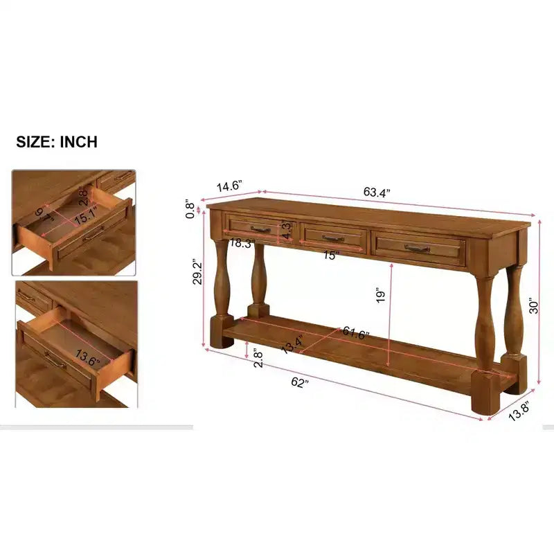 Table console en bois de 63 po de long, table d'entrée avec 3 tiroirs et 1 étagère inférieure