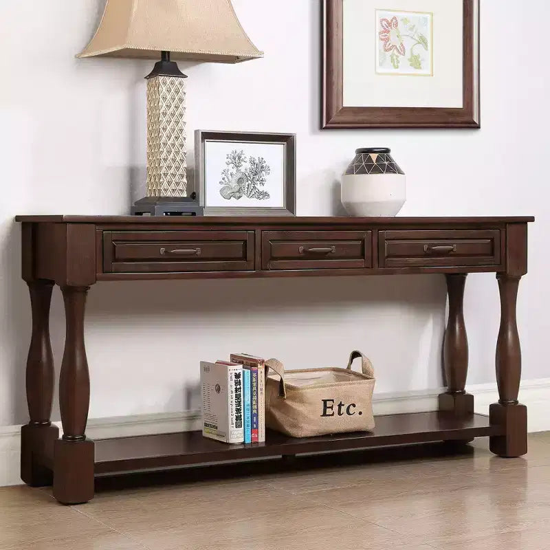 Table console en bois de 63 po de long, table d'entrée avec 3 tiroirs et 1 étagère inférieure