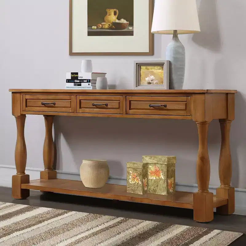 Table console en bois de 63 po de long, table d'entrée avec 3 tiroirs et 1 étagère inférieure