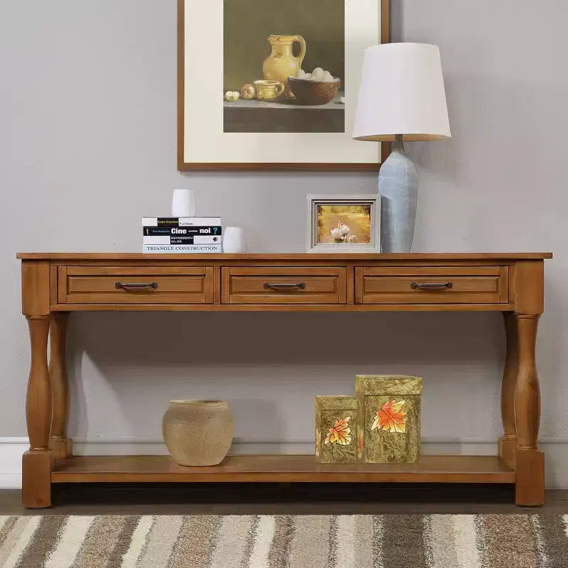 Table console en bois de 63 po de long, table d'entrée avec 3 tiroirs et 1 étagère inférieure