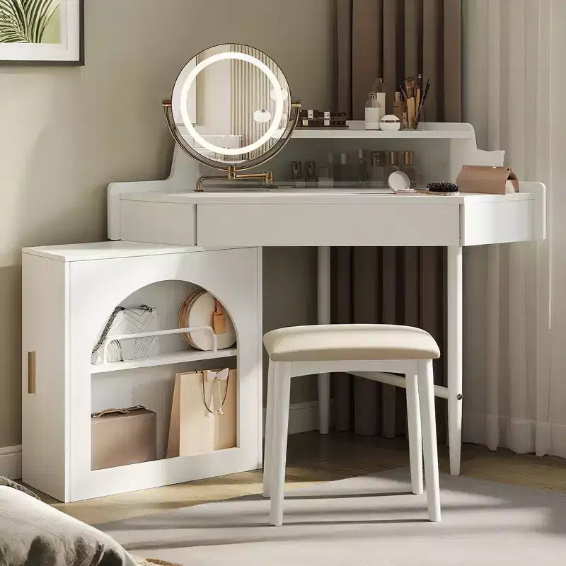 Okak Modern Makeup Vanity with Folding Mirror and Stool, Corner Vanity with Large Storage, Small Vanity Desk for Living Room, Dressing Room, White
