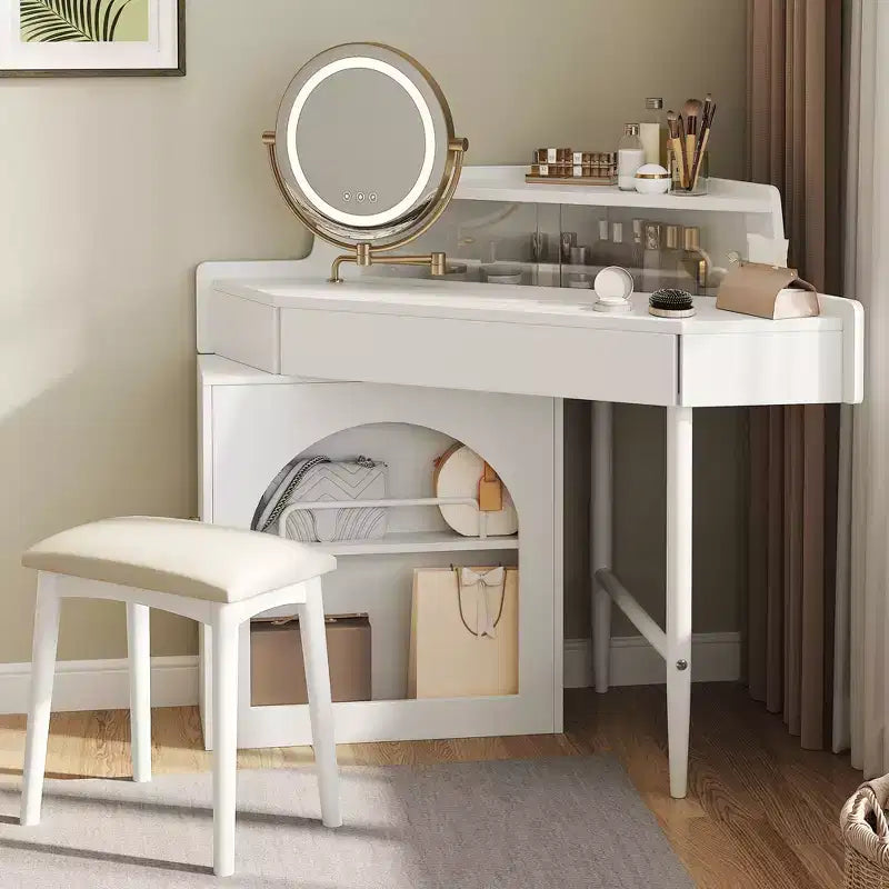 Coiffeuse moderne avec miroir pliant et tabouret, coiffeuse d'angle avec grand rangement, petite coiffeuse pour salon, dressing, blanc