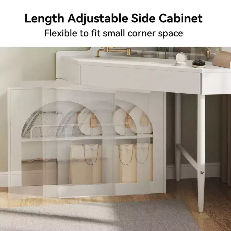Coiffeuse moderne avec miroir pliant et tabouret, coiffeuse d'angle avec grand rangement, petite coiffeuse pour salon, dressing, blanc