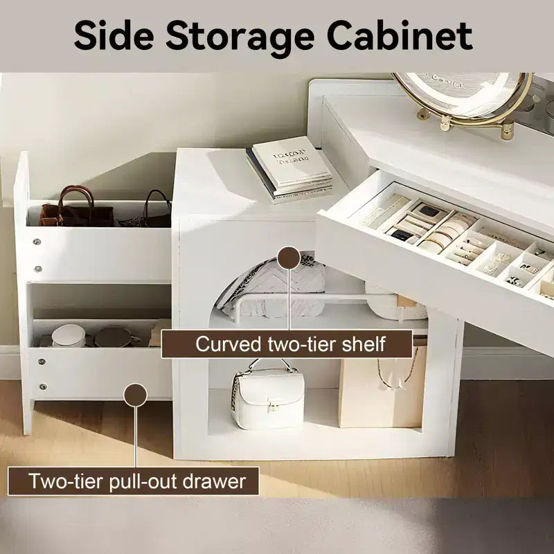 Coiffeuse moderne avec miroir pliant et tabouret, coiffeuse d'angle avec grand rangement, petite coiffeuse pour salon, dressing, blanc