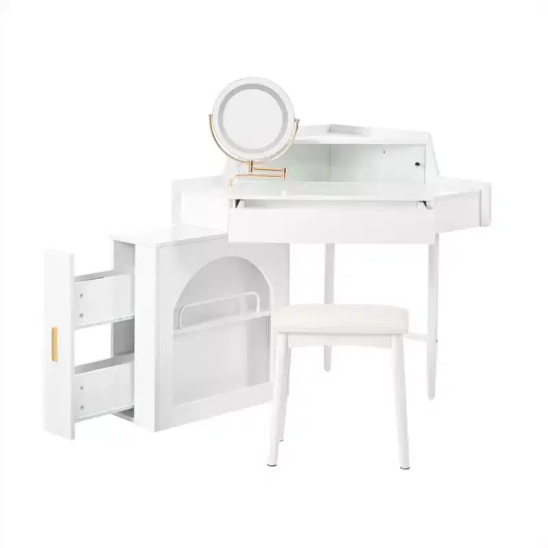 Coiffeuse moderne avec miroir pliant et tabouret, coiffeuse d'angle avec grand rangement, petite coiffeuse pour salon, dressing, blanc