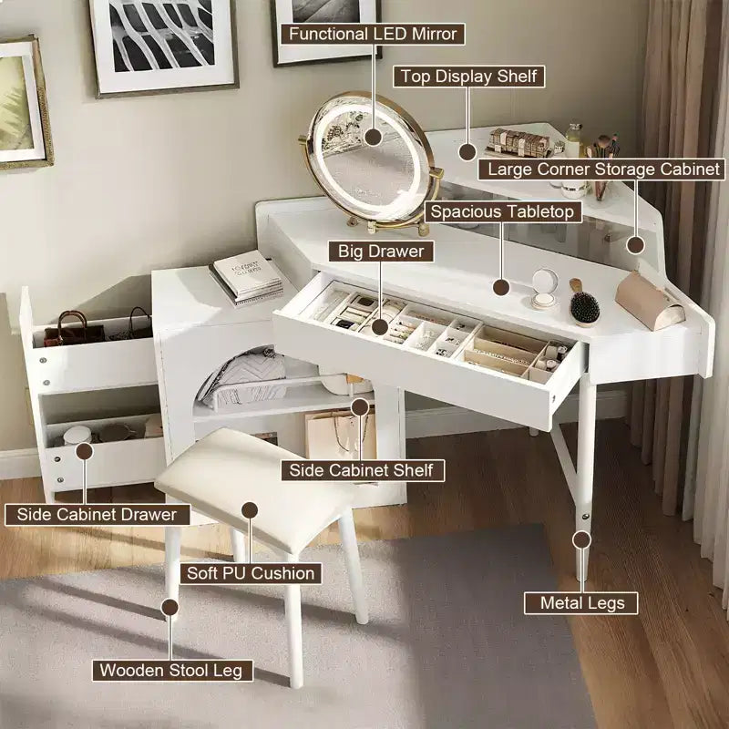 Coiffeuse moderne avec miroir pliant et tabouret, coiffeuse d'angle avec grand rangement, petite coiffeuse pour salon, dressing, blanc