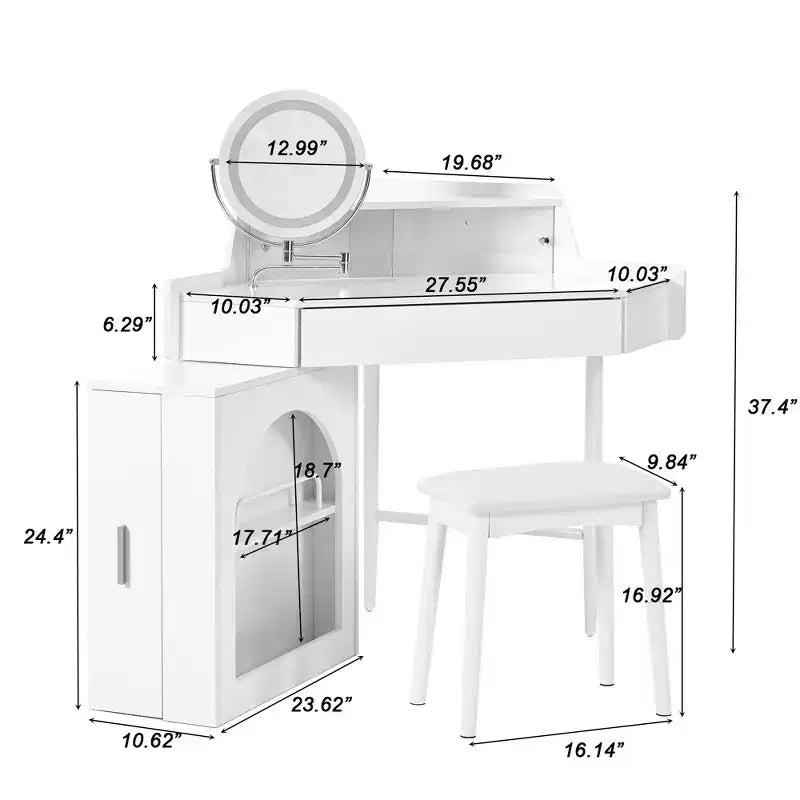 Coiffeuse moderne avec miroir pliant et tabouret, coiffeuse d'angle avec grand rangement, petite coiffeuse pour salon, dressing, blanc