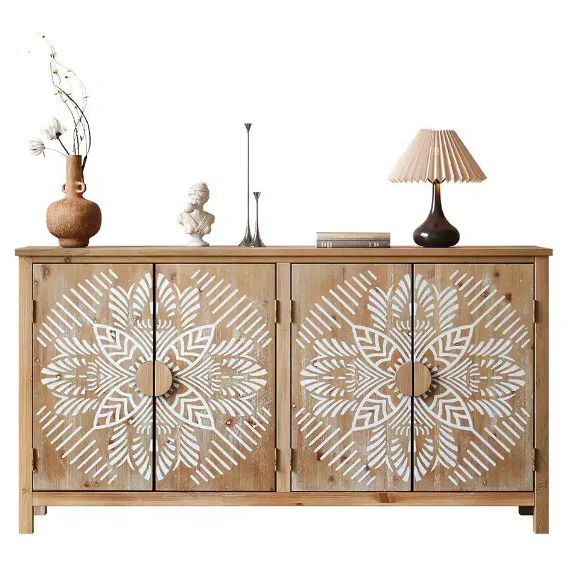 VIYET 60 American Style Wood Accent Cabinet, Antique Brown+White 4-Door Cabinet w/ Adjustable Partitions, Multi-Scene Use