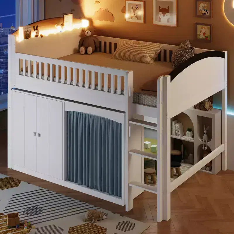 Lit mezzanine simple/double pour enfants avec armoire de rangement, penderie avec rideau et lumière LED