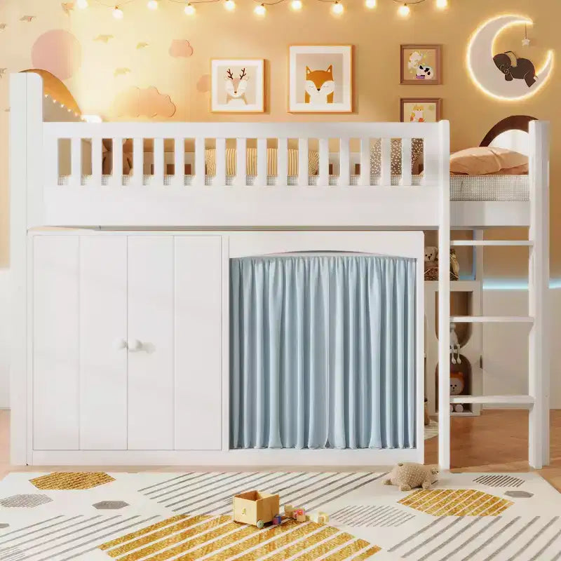 Lit mezzanine simple/double pour enfants avec armoire de rangement, penderie avec rideau et lumière LED