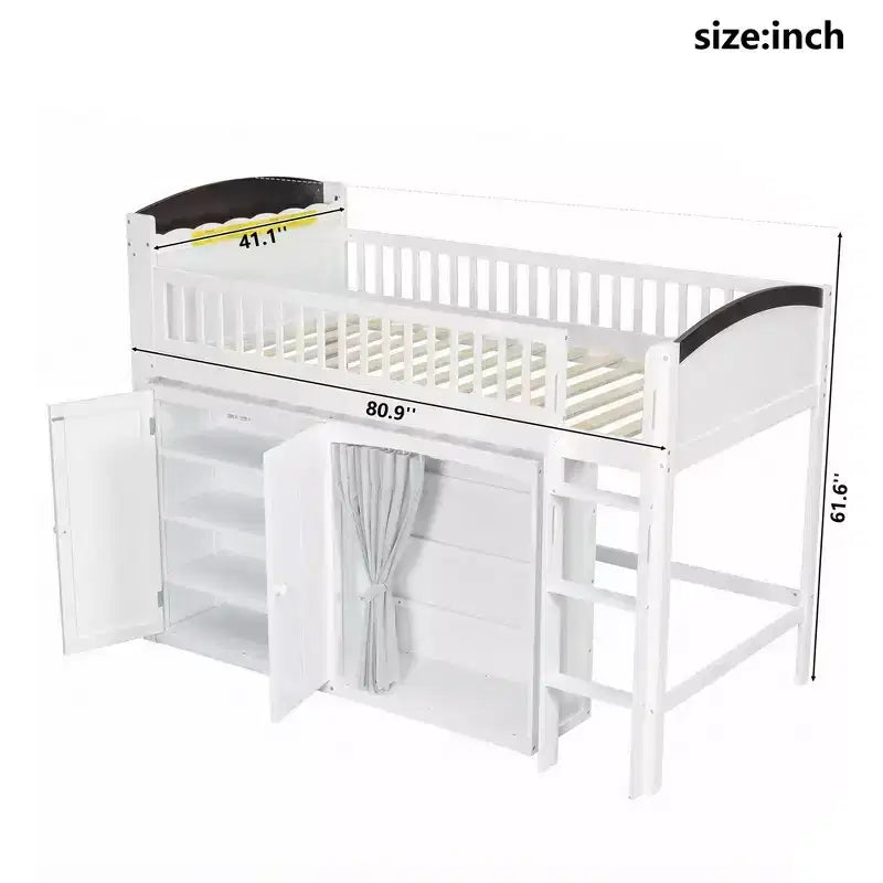 Lit mezzanine simple/double pour enfants avec armoire de rangement, penderie avec rideau et lumière LED