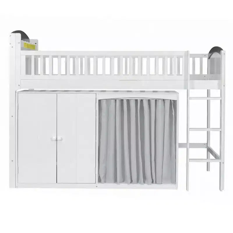 Lit mezzanine simple/double pour enfants avec armoire de rangement, penderie avec rideau et lumière LED