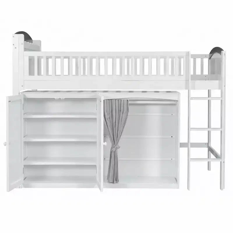 Lit mezzanine simple/double pour enfants avec armoire de rangement, penderie avec rideau et lumière LED